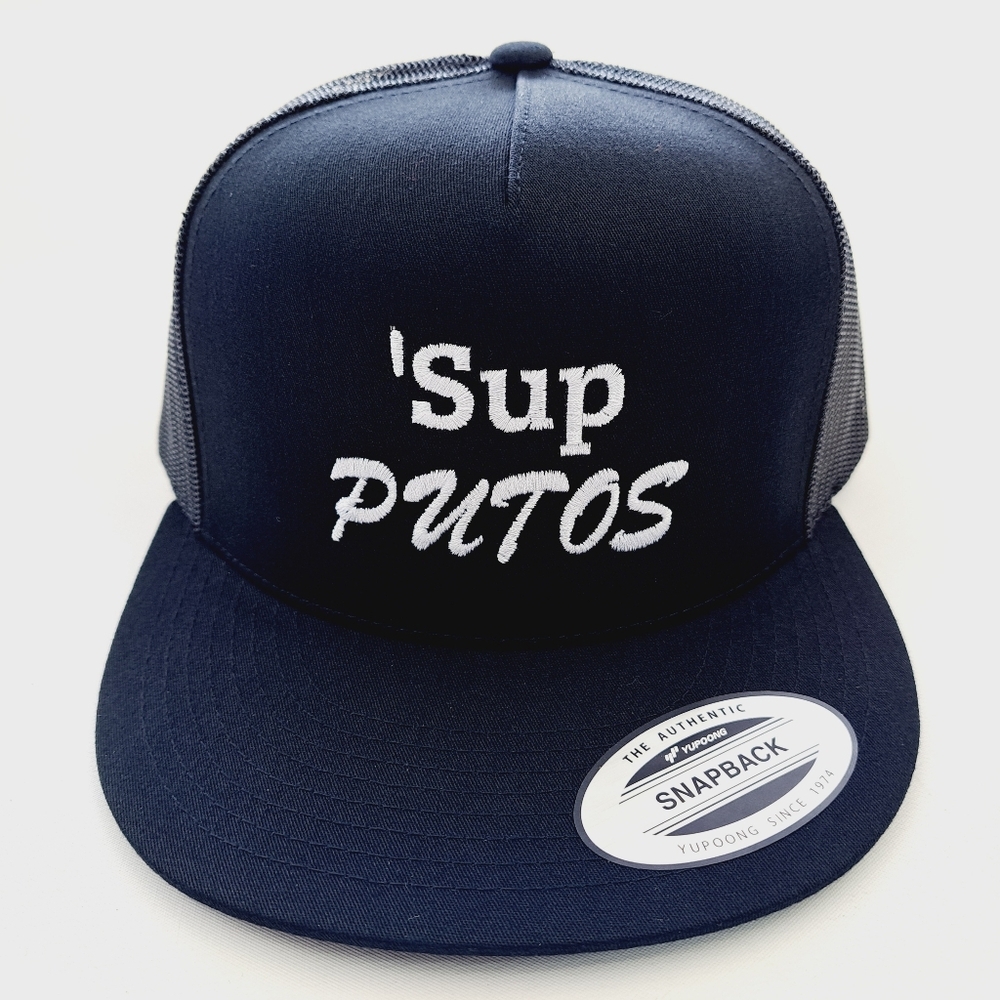 Sup Putos Embroidered Flat Bill Trucker Mesh Snapback Cap Hat Black